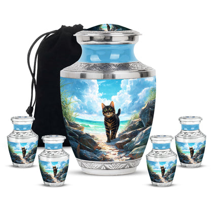 Soft Teal Cat Cremation Urn lifestyle display on memorial shelf - contemporary cat design with modern artistic flair - memorial set with one large and four small urns