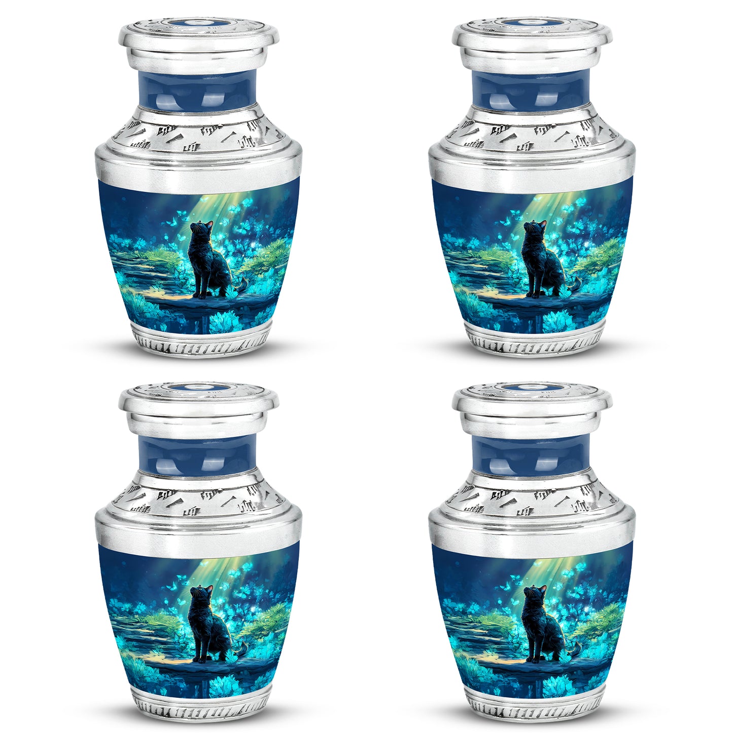 Azure Cat Cremation Urn back view with polished surface - contemporary cat design with modern artistic flair - 10 inch aluminum urn for cremated remains