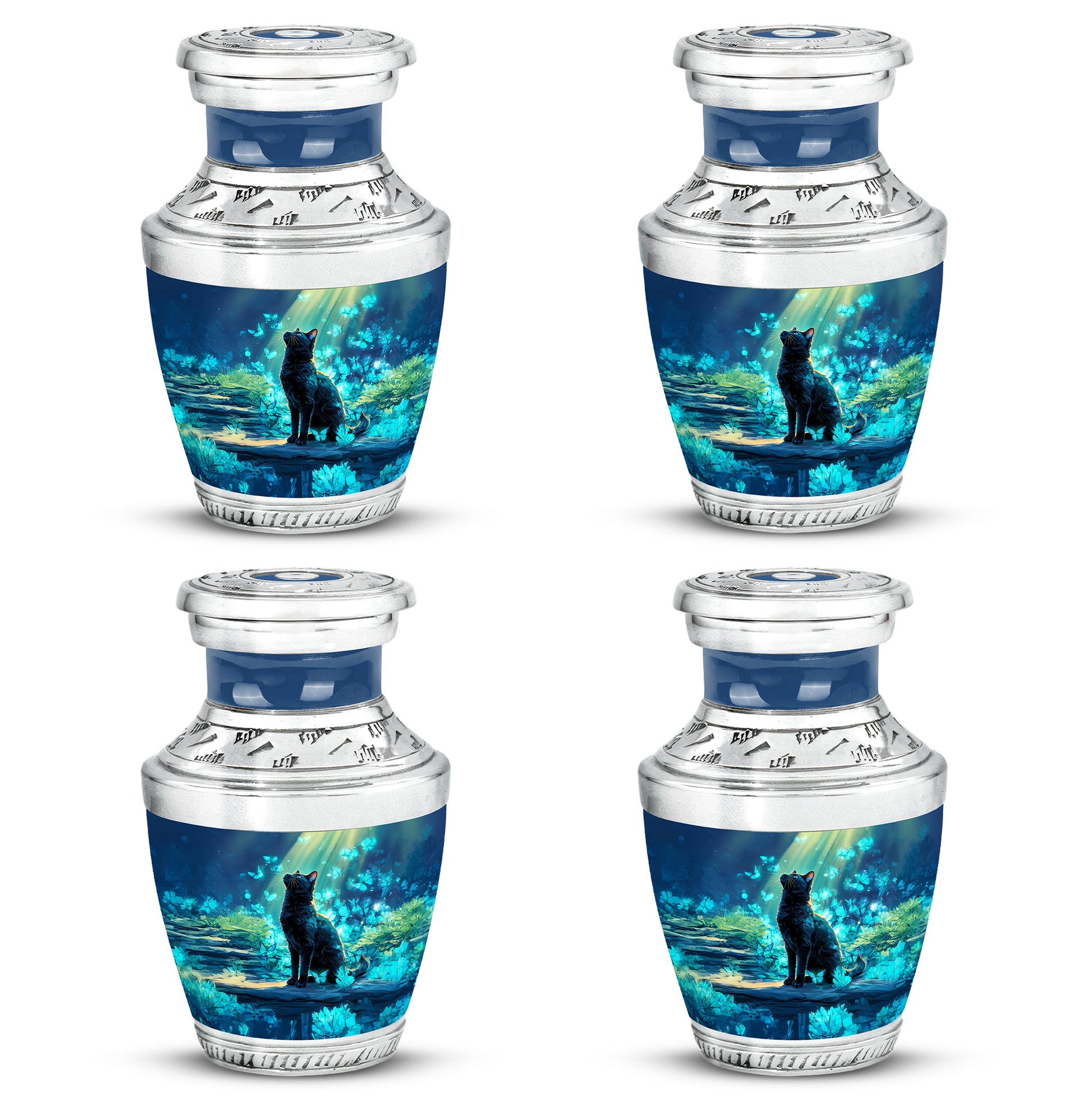 Azure Cat Cremation Urn back view with polished surface - contemporary cat design with modern artistic flair - 10 inch aluminum urn for cremated remains