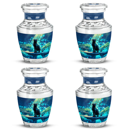 Azure Cat Cremation Urn back view with polished surface - contemporary cat design with modern artistic flair - 10 inch aluminum urn for cremated remains