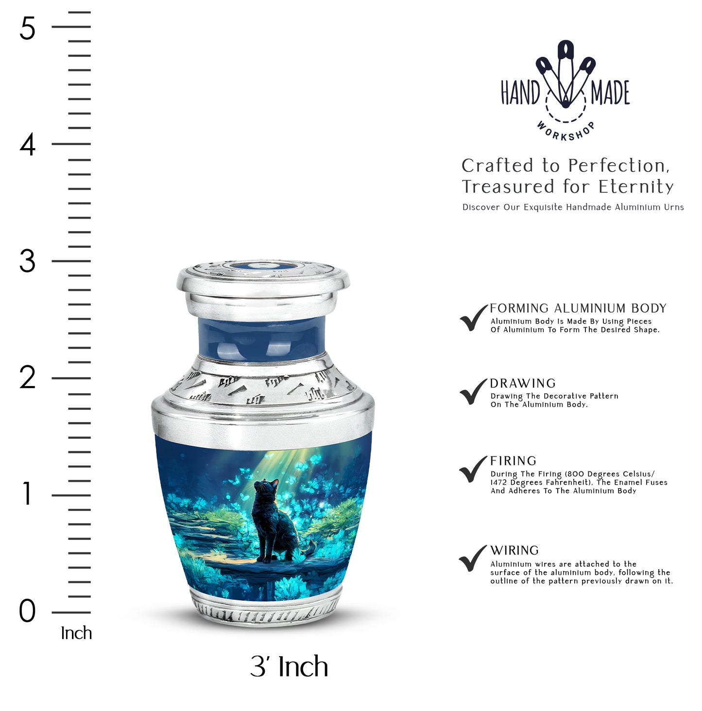 Sky Blue Cat Cremation Urn top-down view of secure threaded lid - modern art-inspired cat motif on sleek aluminum - mini keepsake memorial for portion of cremation ashes