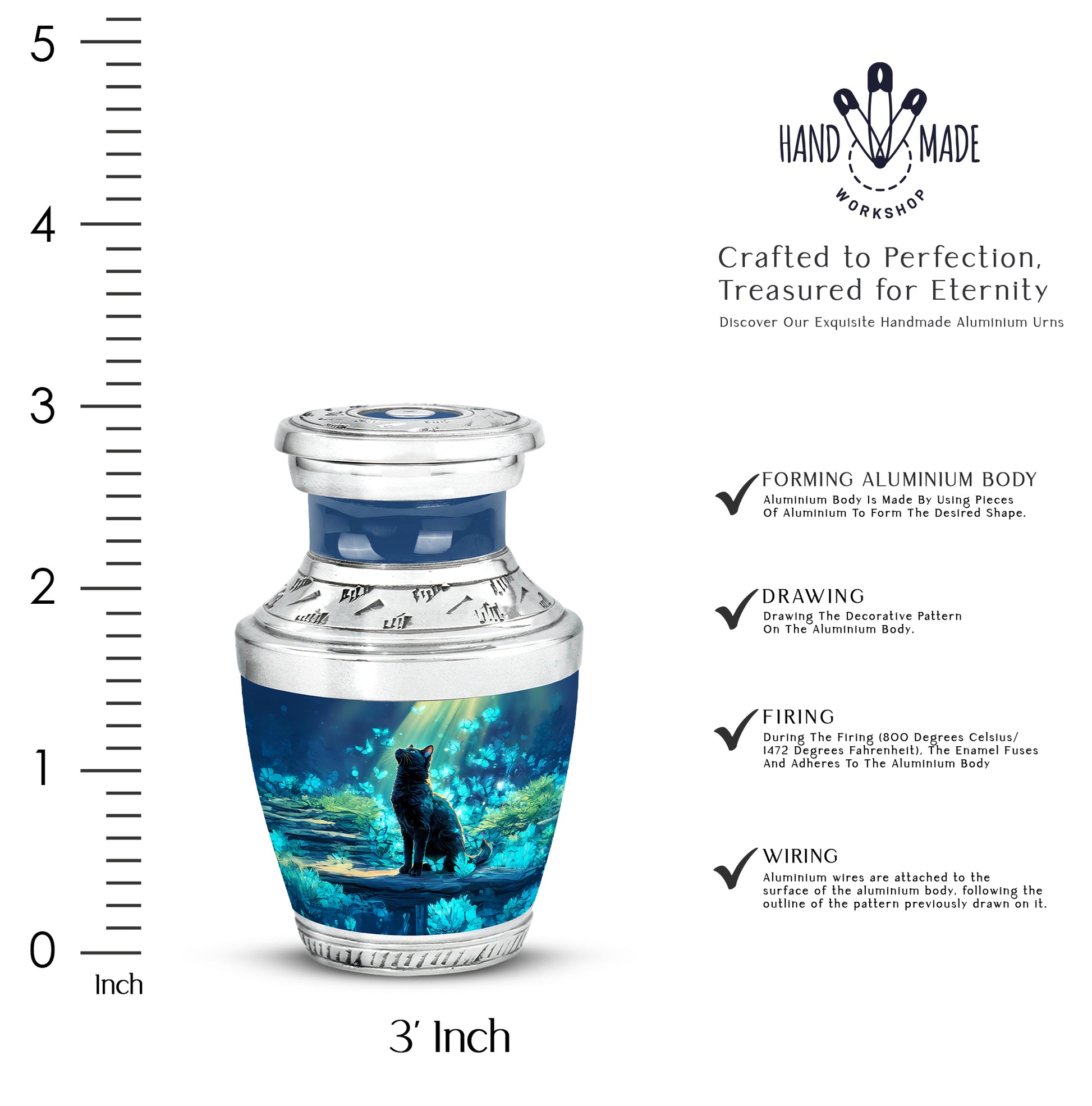 Sky Blue Cat Cremation Urn top-down view of secure threaded lid - modern art-inspired cat motif on sleek aluminum - mini keepsake memorial for portion of cremation ashes