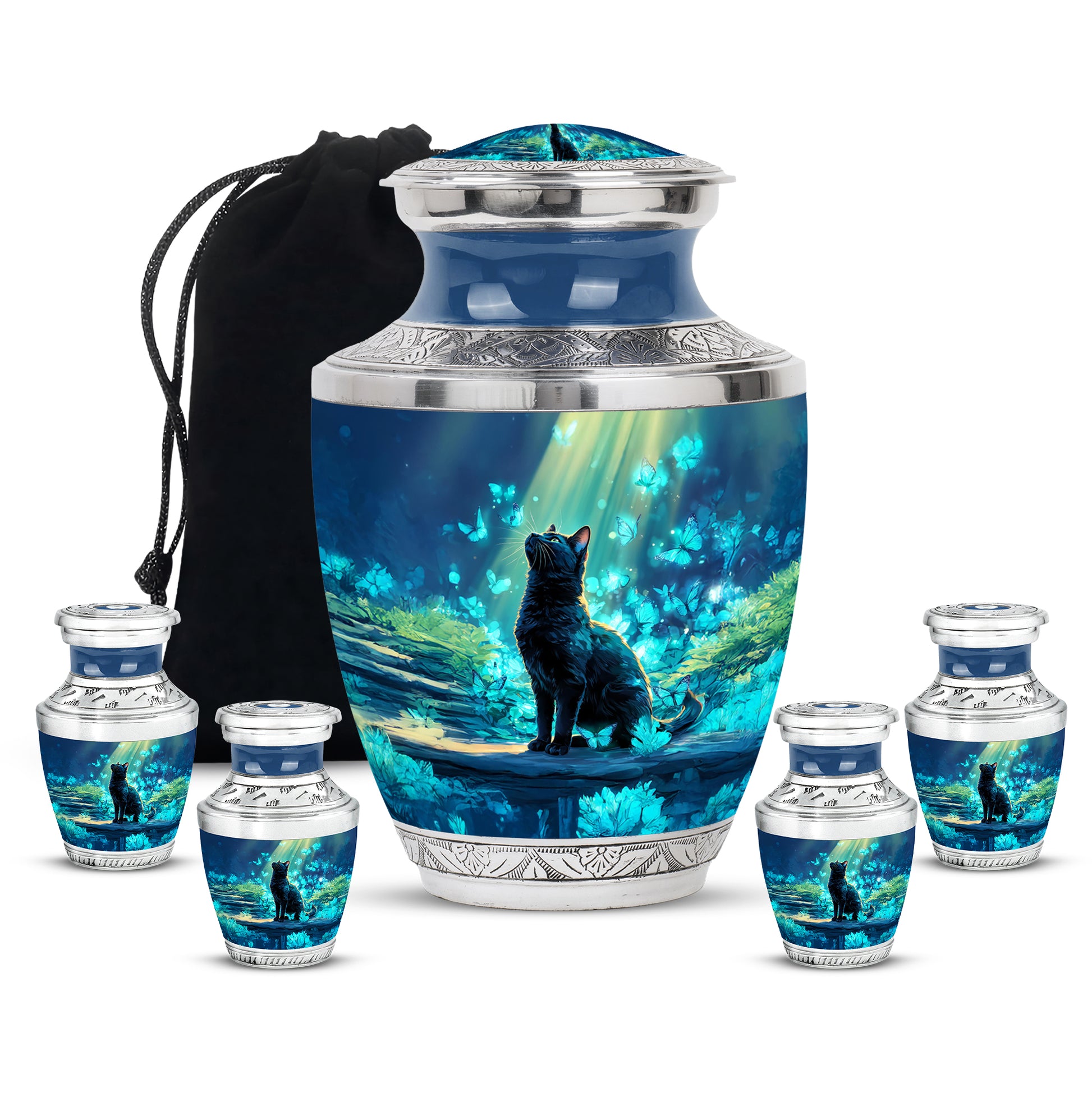 Serene Blue Cat Cremation Urn lifestyle display on memorial shelf - stylized abstract cat pattern with bold lines - memorial set with one large and four small urns