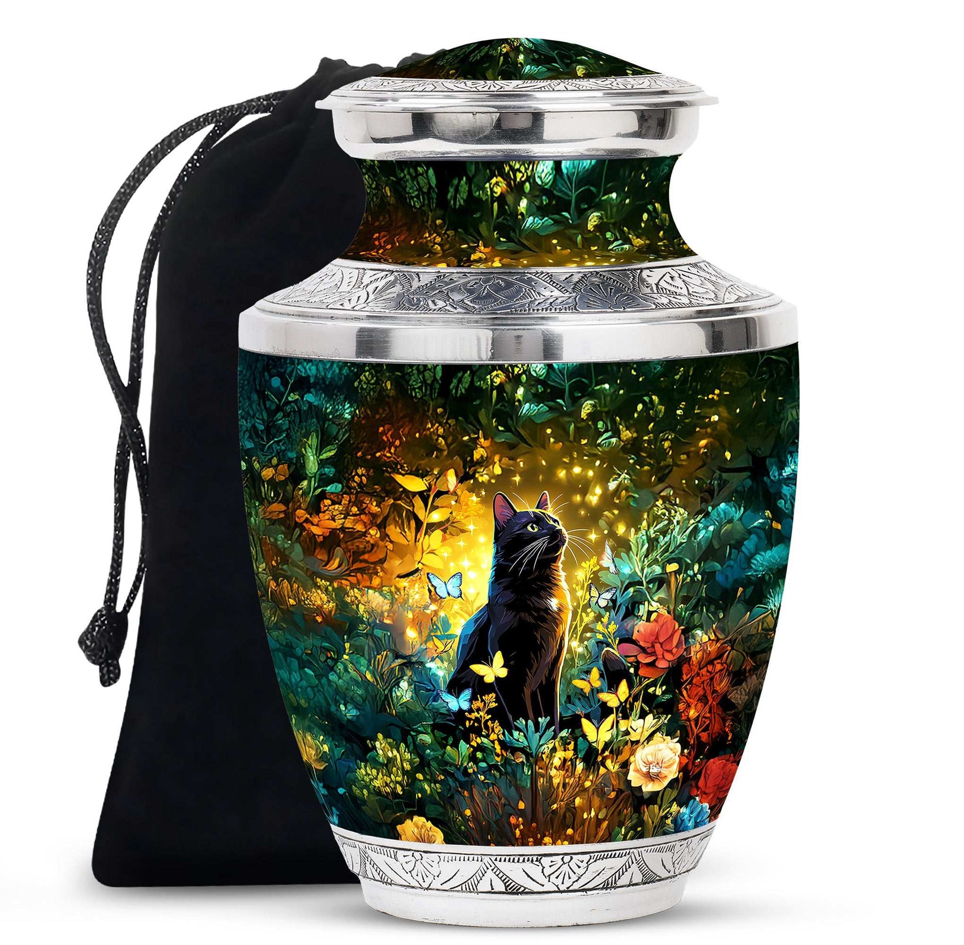 Black Cat Cremation Urn for Human Ashes - Colorful Butterflies Memorial Urn