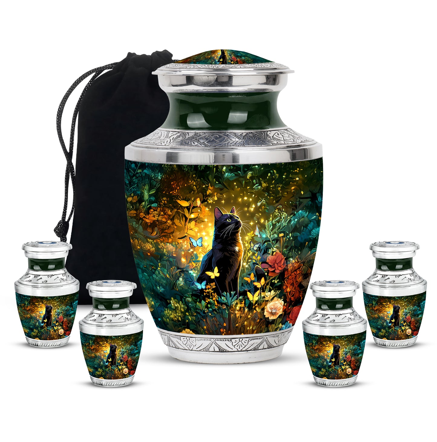 Warm Gold Cat Cremation Urn lifestyle display on memorial shelf - artistic cat interpretation with creative detail - memorial set with one large and four small urns