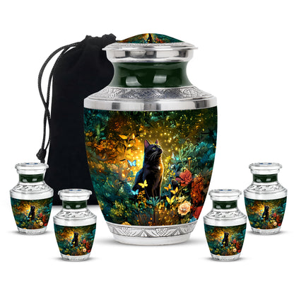Warm Gold Cat Cremation Urn lifestyle display on memorial shelf - artistic cat interpretation with creative detail - memorial set with one large and four small urns