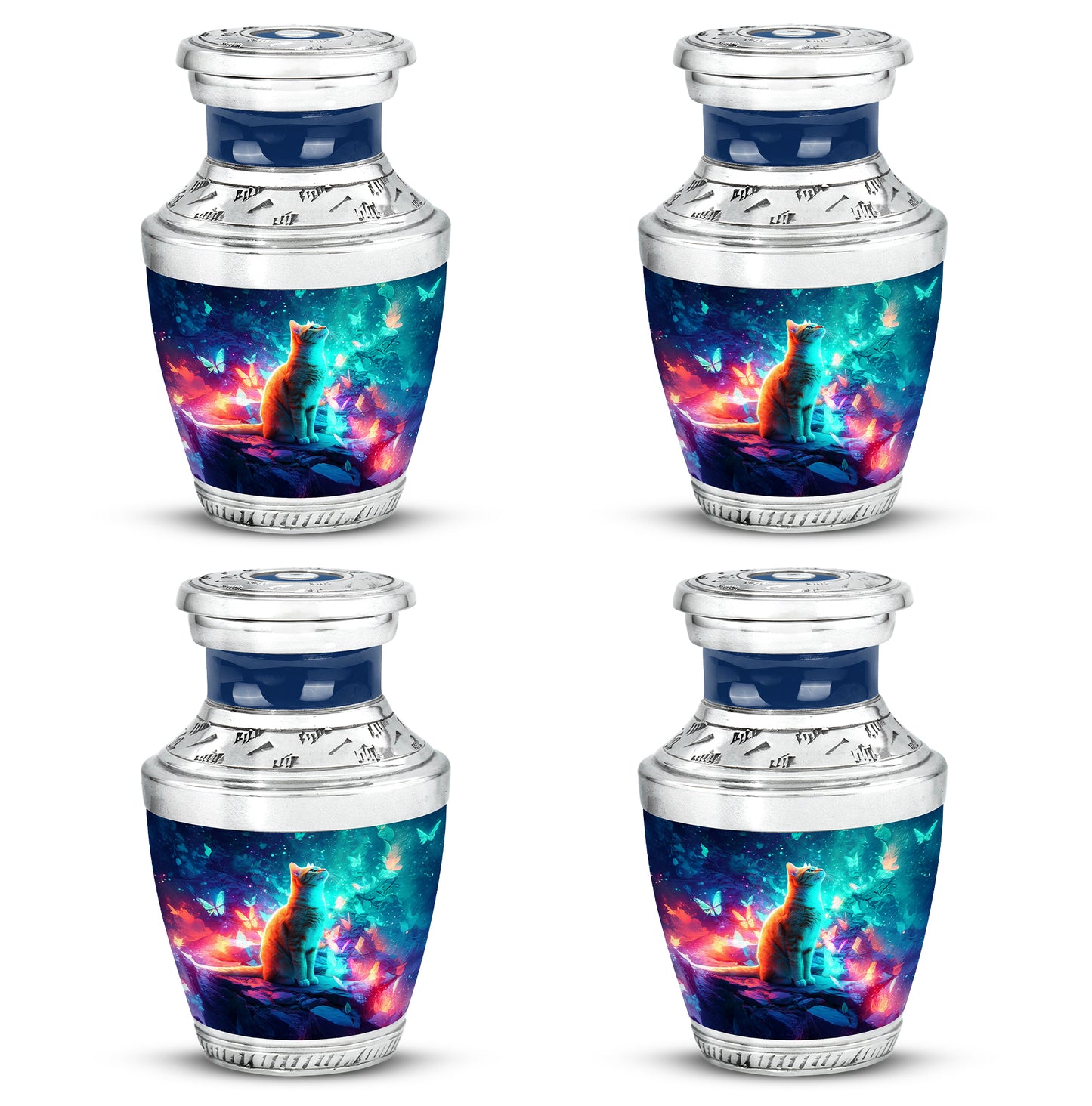 Twilight Blue Cat Cremation Urn back view with polished surface - stylized abstract cat pattern with bold lines - 10 inch aluminum urn for cremated remains
