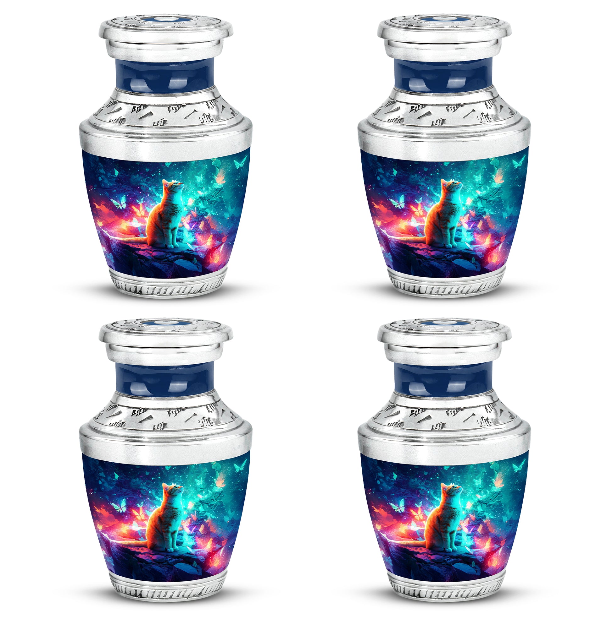 Twilight Blue Cat Cremation Urn back view with polished surface - stylized abstract cat pattern with bold lines - 10 inch aluminum urn for cremated remains