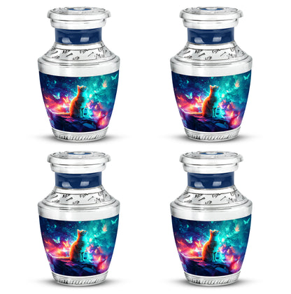 Twilight Blue Cat Cremation Urn back view with polished surface - stylized abstract cat pattern with bold lines - 10 inch aluminum urn for cremated remains