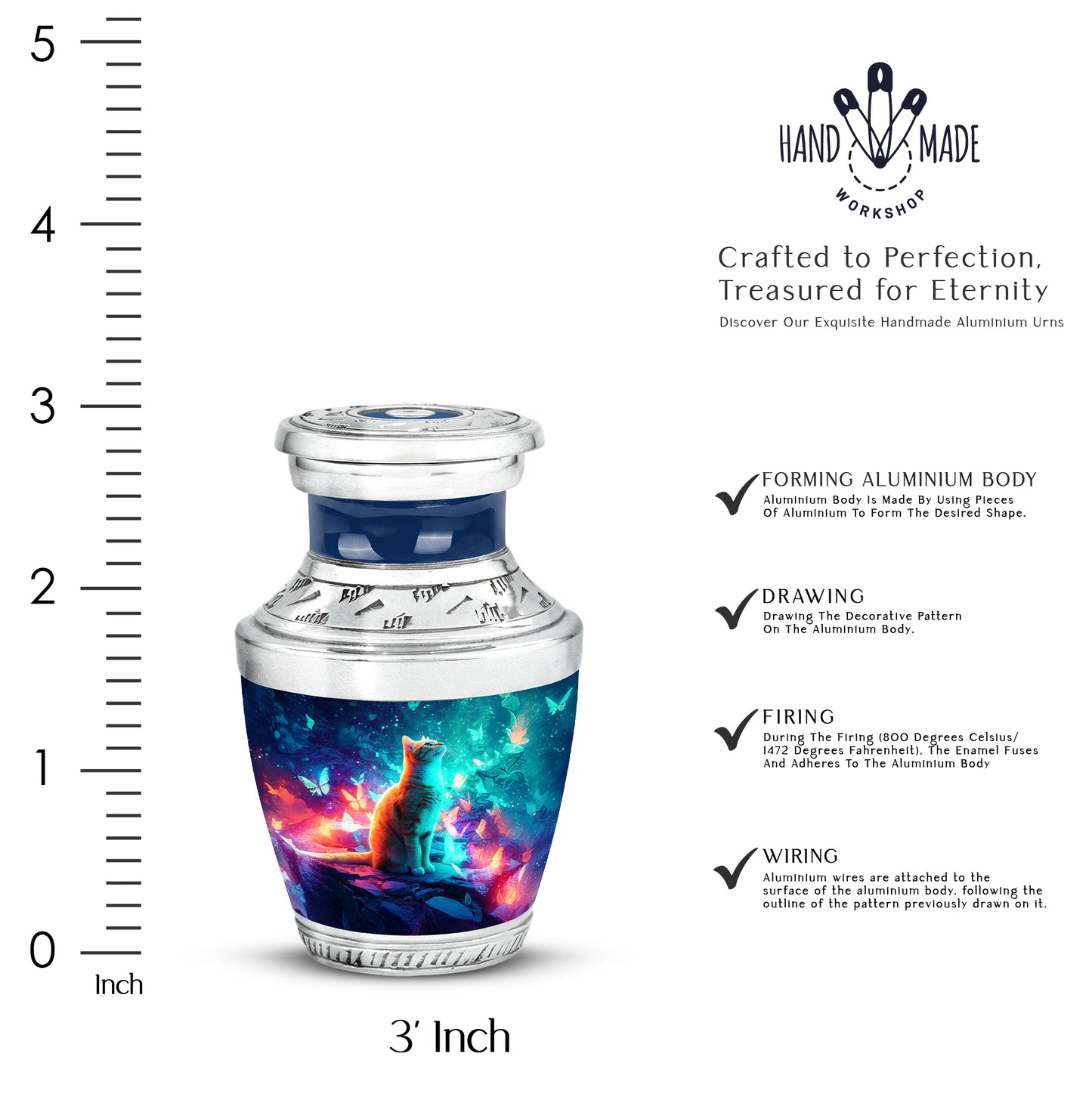 Icy Blue Cat Cremation Urn top-down view of secure threaded lid - modern art-inspired cat motif on sleek aluminum - mini keepsake memorial for portion of cremation ashes