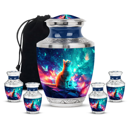 Steel Blue Cat Cremation Urn lifestyle display on memorial shelf - stylized abstract cat pattern with bold lines - memorial set with one large and four small urns