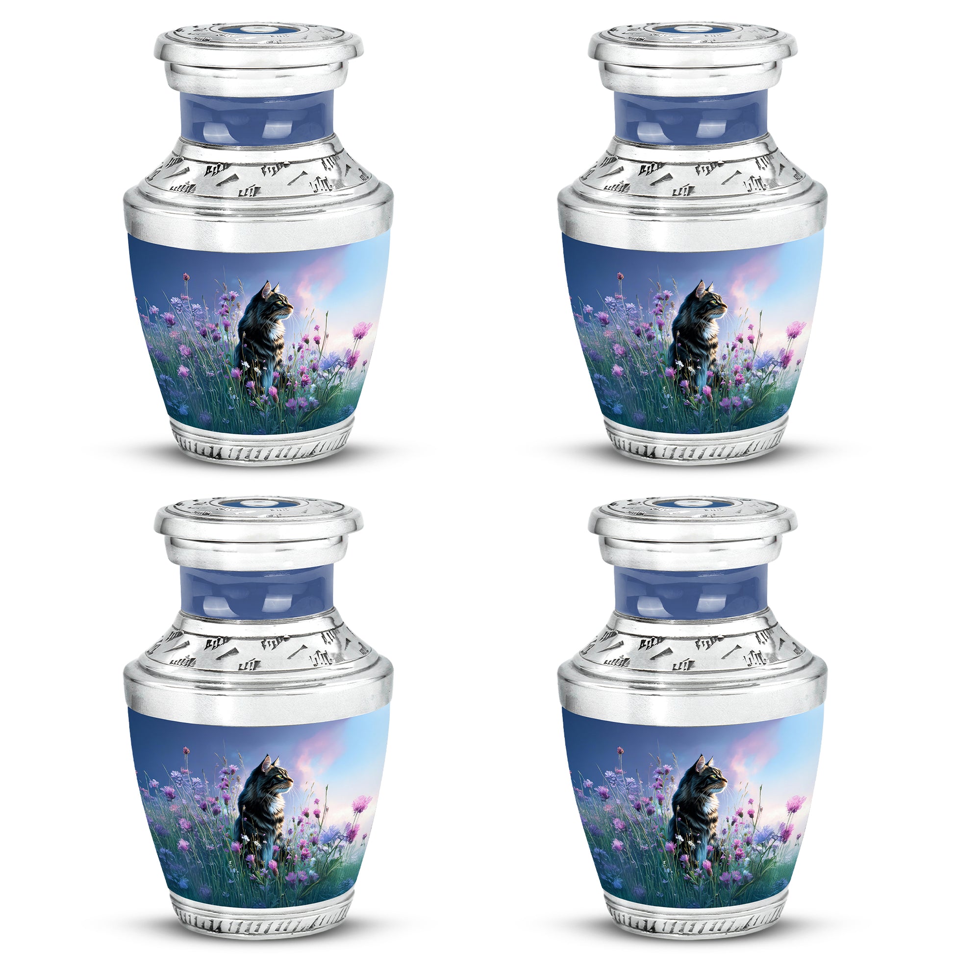 Serene Blue Cat Cremation Urn back view with polished surface - artistic cat interpretation with creative detail - 10 inch aluminum urn for cremated remains