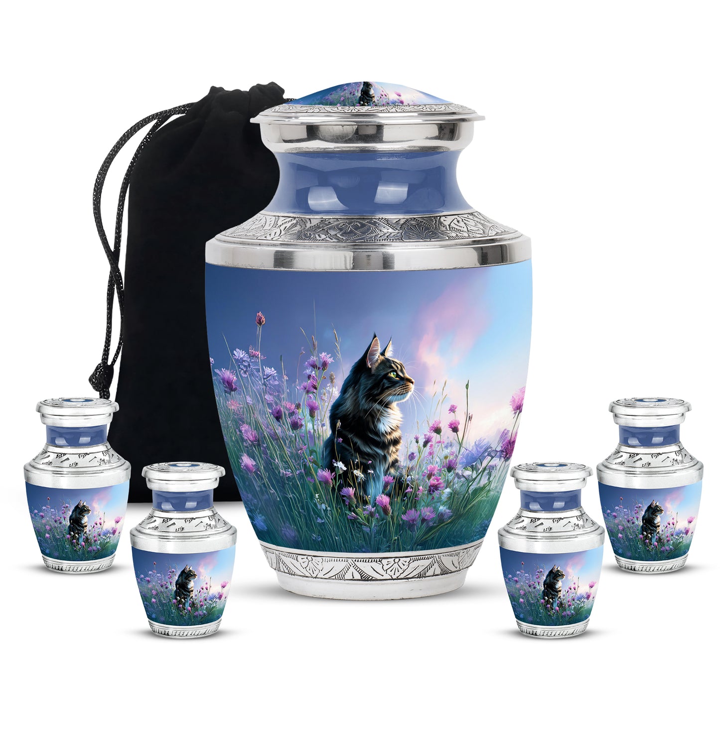 Navy Blue Cat Cremation Urn lifestyle display on memorial shelf - modern art-inspired cat motif on sleek aluminum - memorial set with one large and four small urns