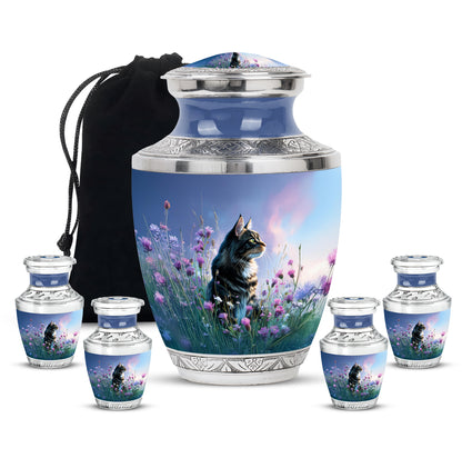 Navy Blue Cat Cremation Urn lifestyle display on memorial shelf - modern art-inspired cat motif on sleek aluminum - memorial set with one large and four small urns
