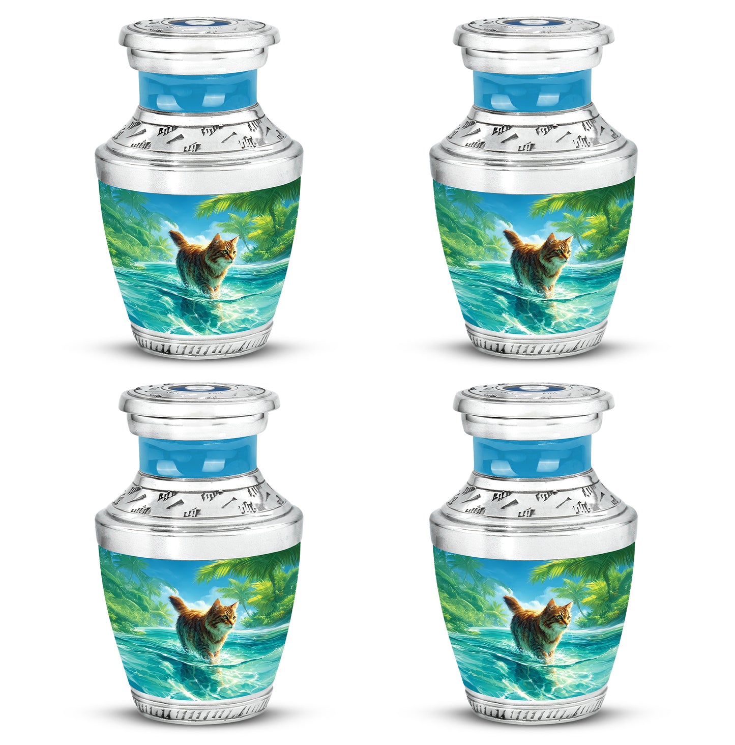 Serene Blue Cat Cremation Urn back view with polished surface - stylized abstract cat pattern with bold lines - 10 inch aluminum urn for cremated remains