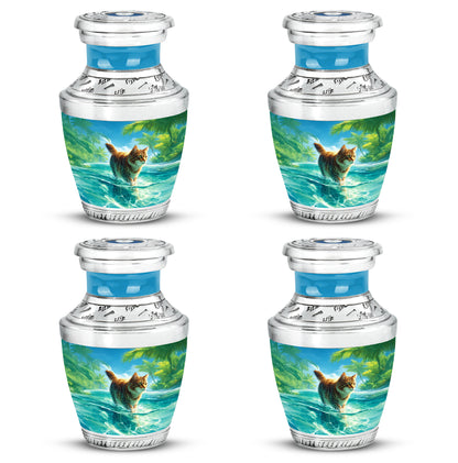 Serene Blue Cat Cremation Urn back view with polished surface - stylized abstract cat pattern with bold lines - 10 inch aluminum urn for cremated remains