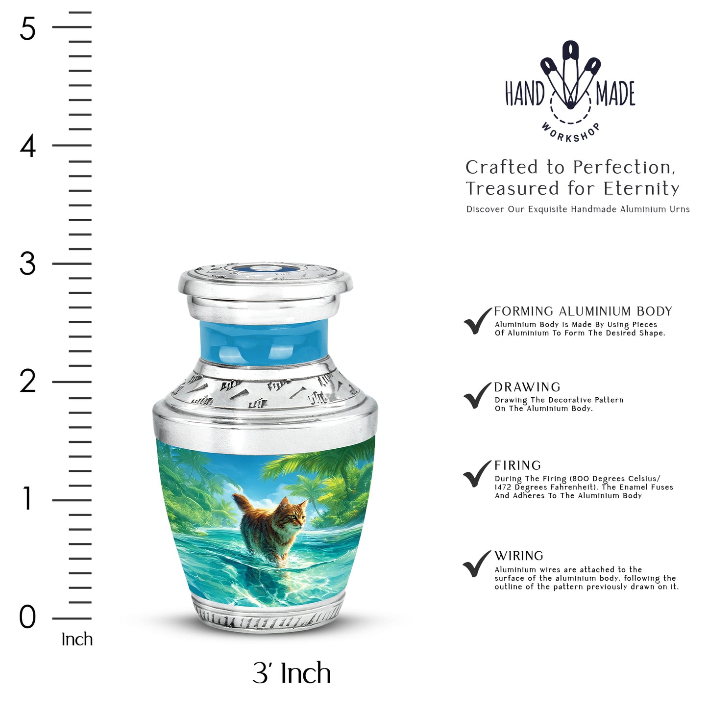 Steel Blue Cat Cremation Urn top-down view of secure threaded lid - stylized abstract cat pattern with bold lines - mini keepsake memorial for portion of cremation ashes