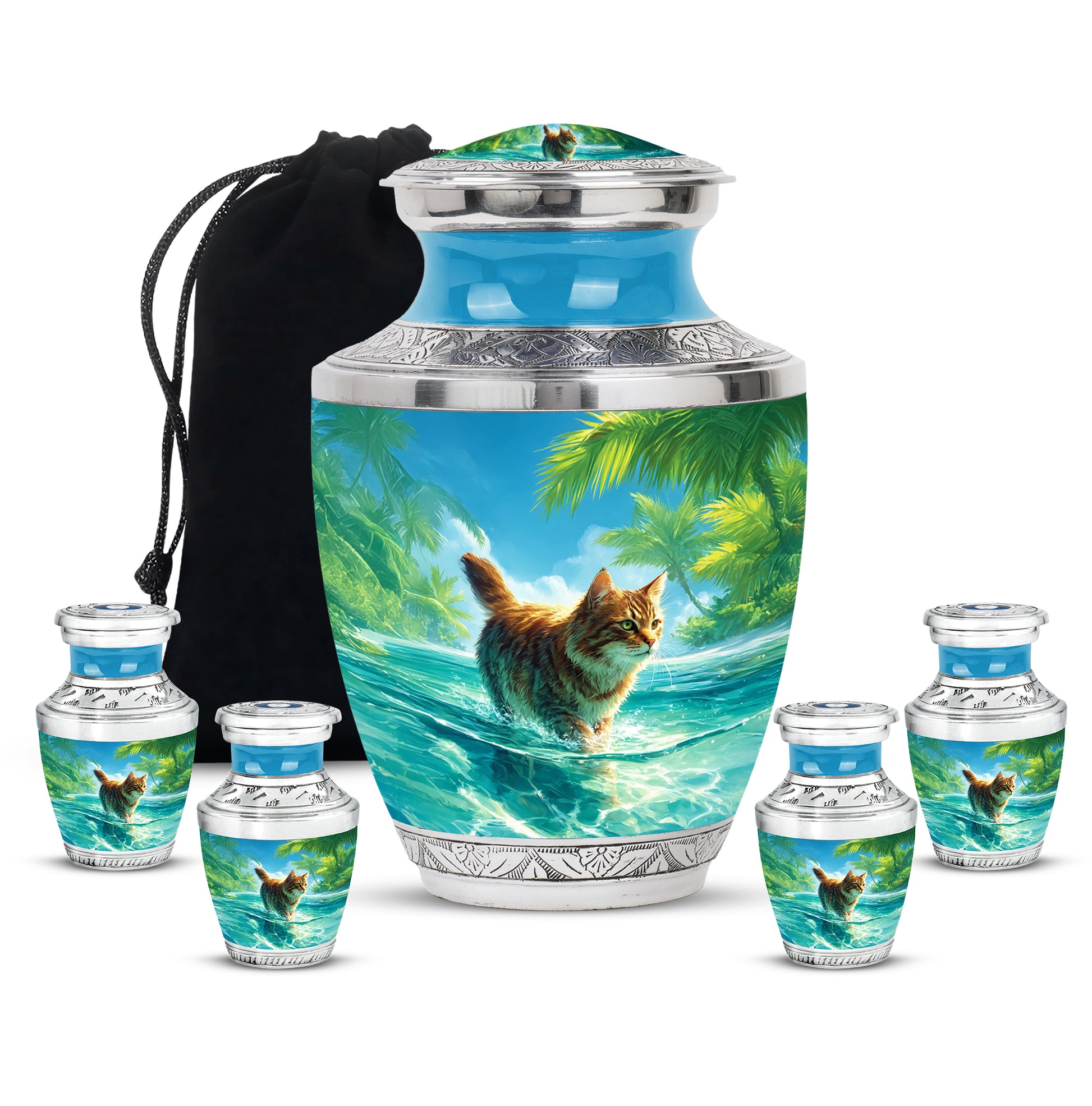 Dusty Blue Cat Cremation Urn lifestyle display on memorial shelf - contemporary cat design with modern artistic flair - memorial set with one large and four small urns
