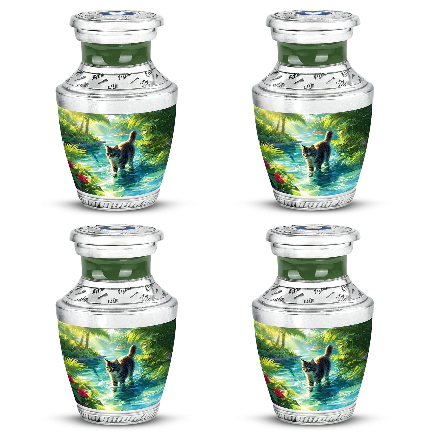Pine Green Cat Cremation Urn back view with polished surface - stylized abstract cat pattern with bold lines - 10 inch aluminum urn for cremated remains