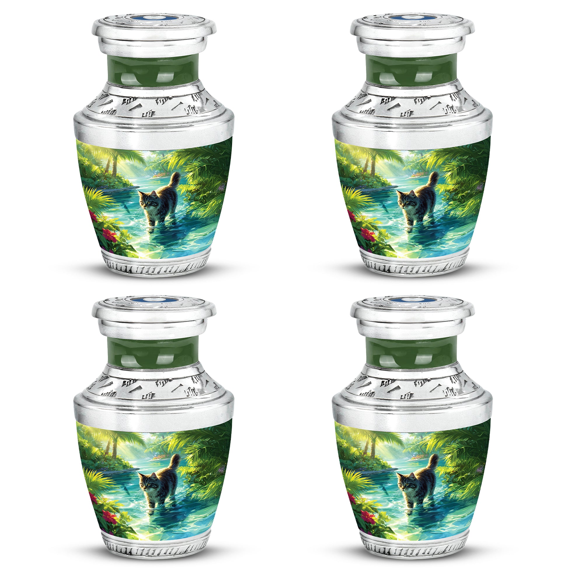 Pine Green Cat Cremation Urn back view with polished surface - stylized abstract cat pattern with bold lines - 10 inch aluminum urn for cremated remains
