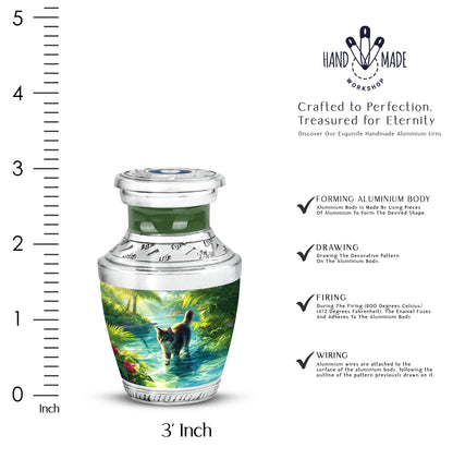 Sage Green Cat Cremation Urn top-down view of secure threaded lid - modern art-inspired cat motif on sleek aluminum - mini keepsake memorial for portion of cremation ashes