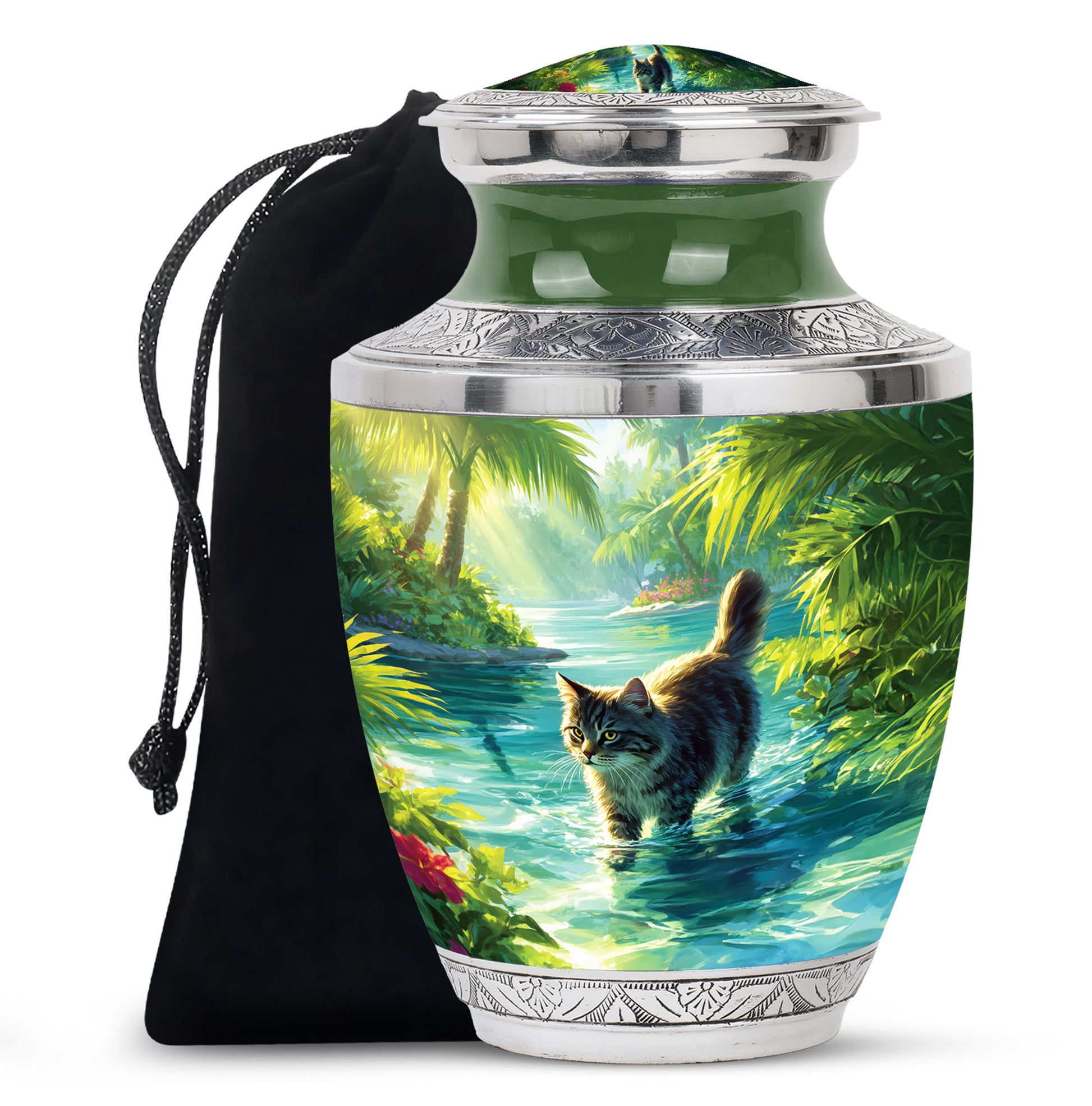 Moss Green Cat Cremation Urn side profile showing urn shape - modern art-inspired cat motif on sleek aluminum - full-size 10 inch 200 cubic inch adult cremation urn