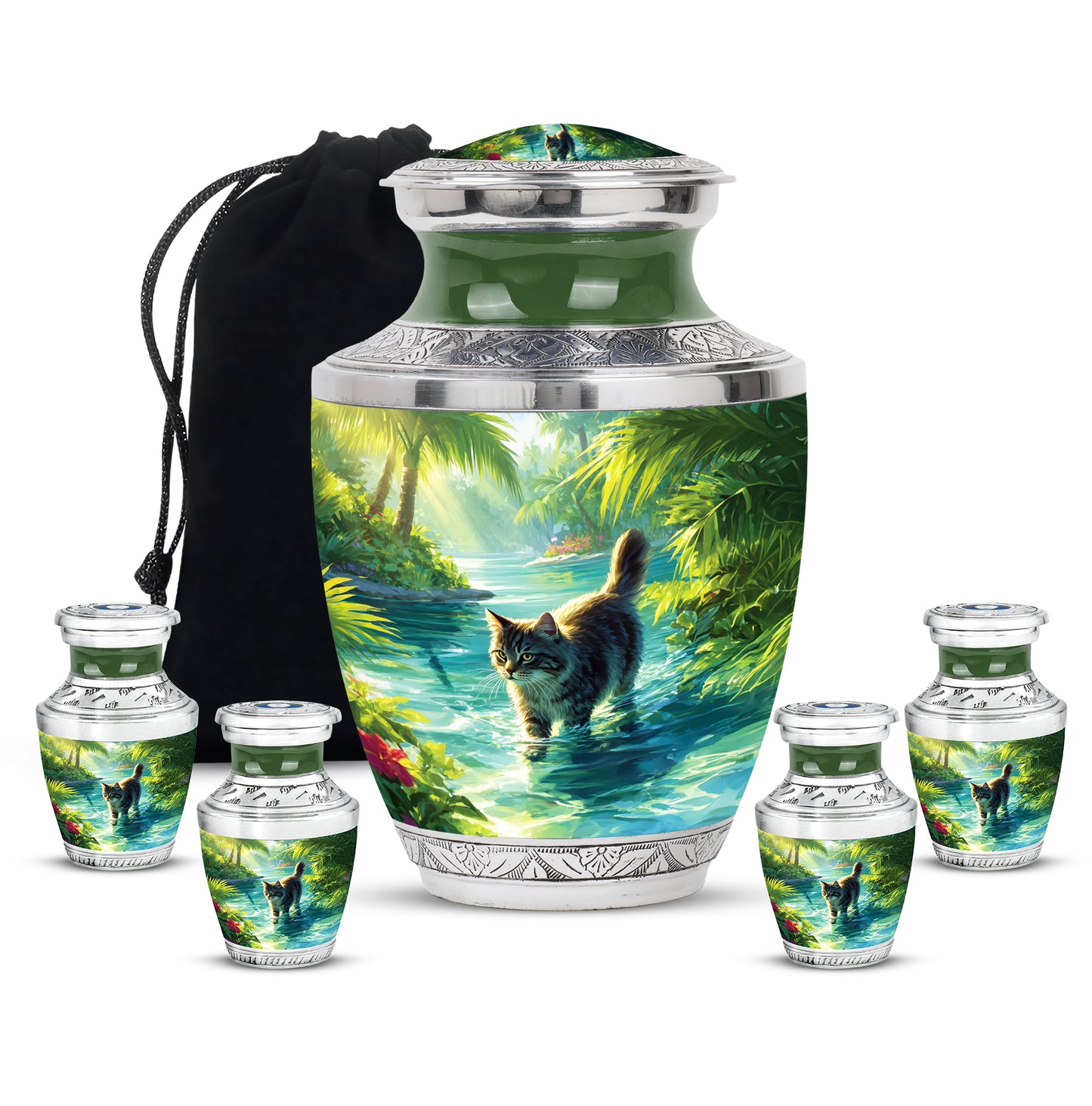 Sage Green Cat Cremation Urn lifestyle display on memorial shelf - contemporary cat design with modern artistic flair - memorial set with one large and four small urns