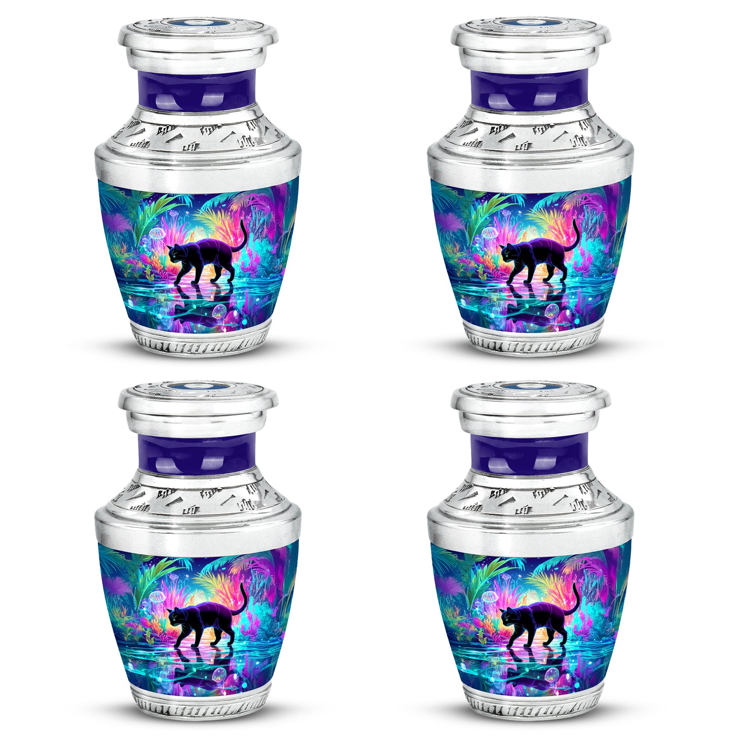 Navy Blue Cat Cremation Urn back view with polished surface - modern art-inspired cat motif on sleek aluminum - 10 inch aluminum urn for cremated remains