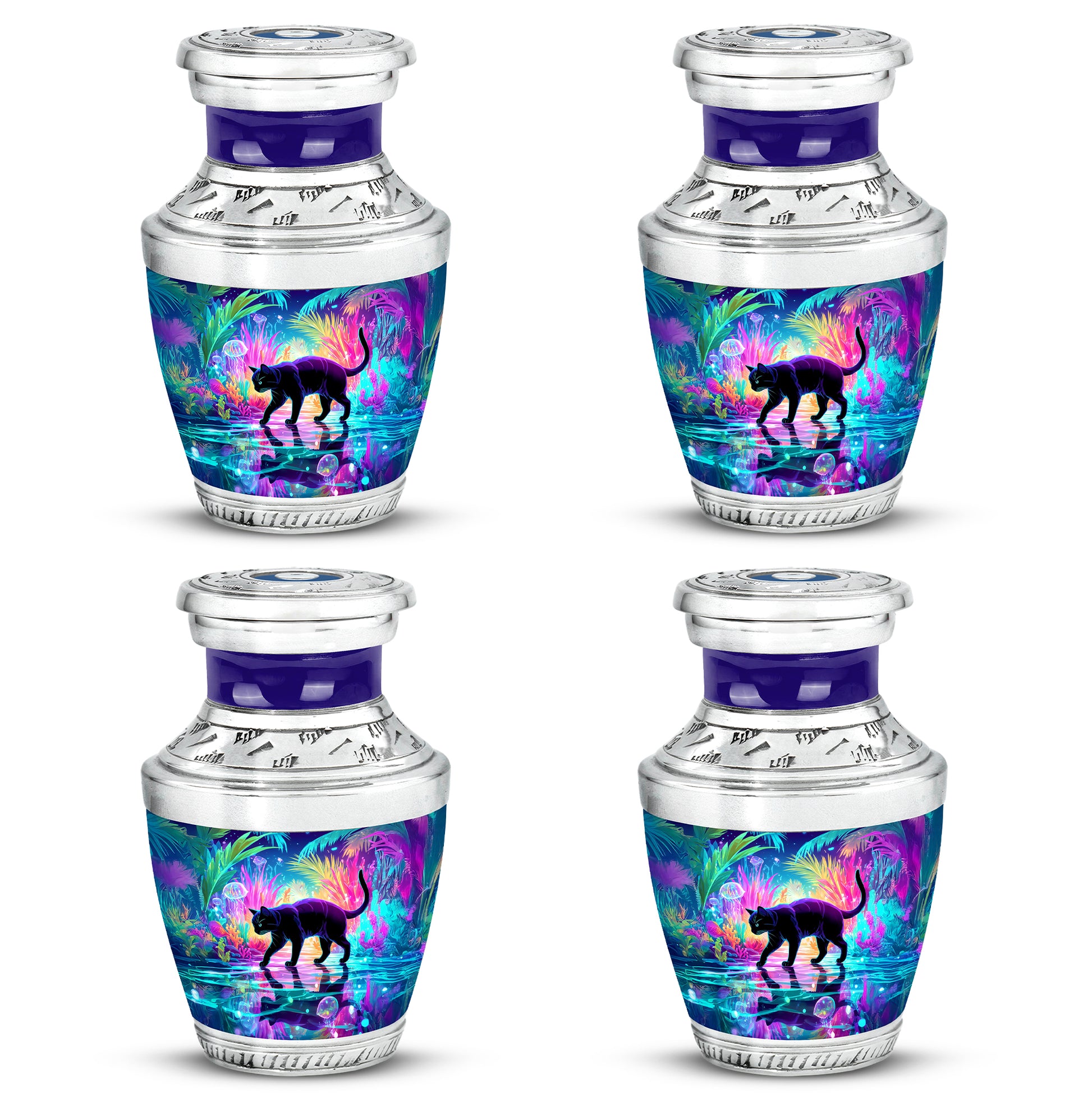 Navy Blue Cat Cremation Urn back view with polished surface - modern art-inspired cat motif on sleek aluminum - 10 inch aluminum urn for cremated remains