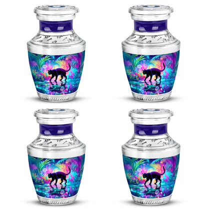 Navy Blue Cat Cremation Urn back view with polished surface - modern art-inspired cat motif on sleek aluminum - 10 inch aluminum urn for cremated remains