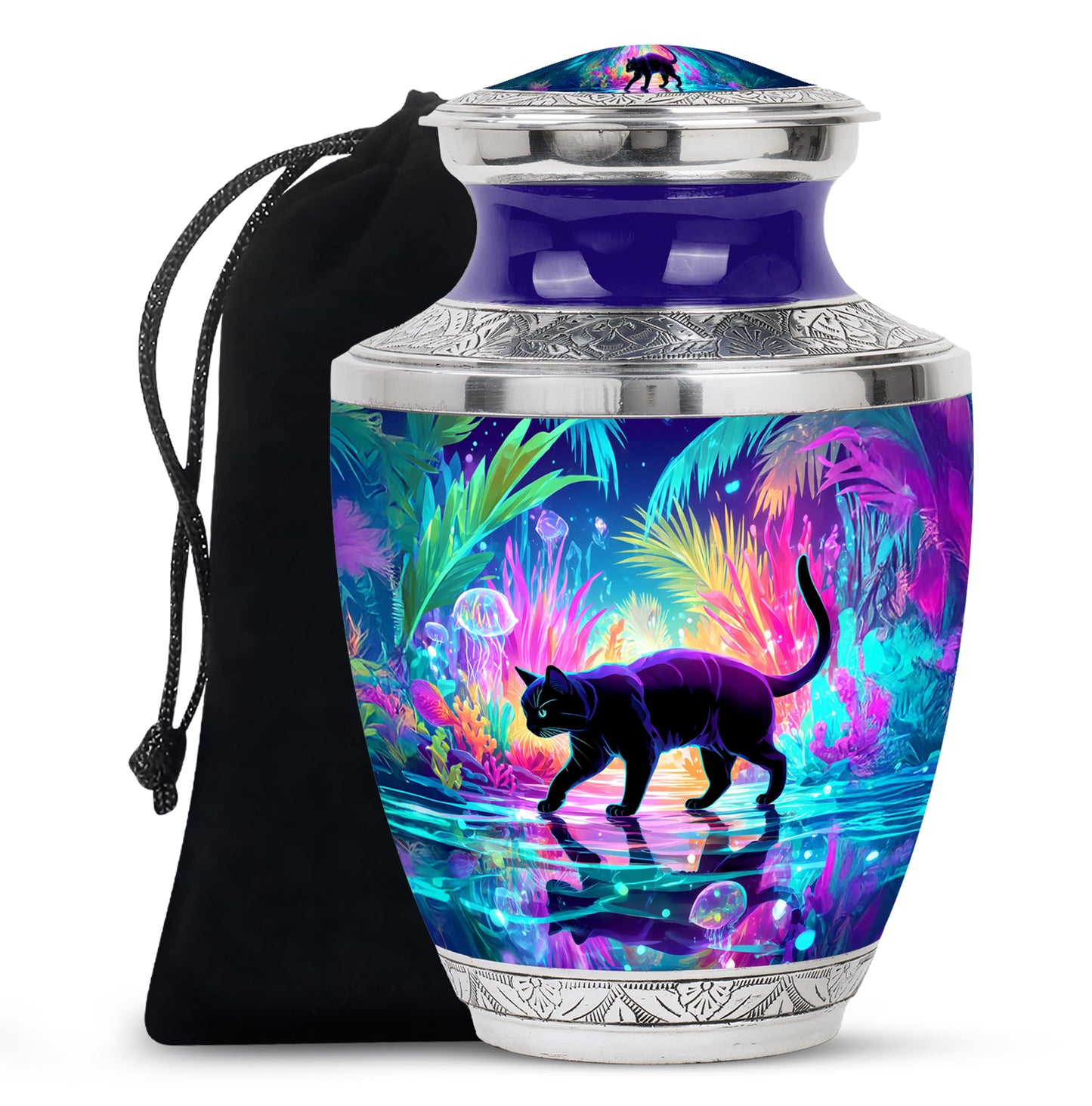 Celestial Blue Cat Cremation Urn side profile showing urn shape - modern art-inspired cat motif on sleek aluminum - full-size 10 inch 200 cubic inch adult cremation urn