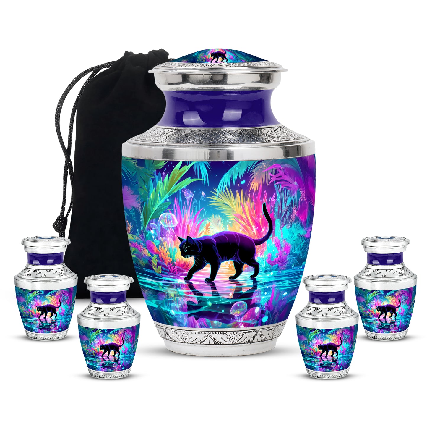 Royal Blue Cat Cremation Urn lifestyle display on memorial shelf - stylized abstract cat pattern with bold lines - memorial set with one large and four small urns
