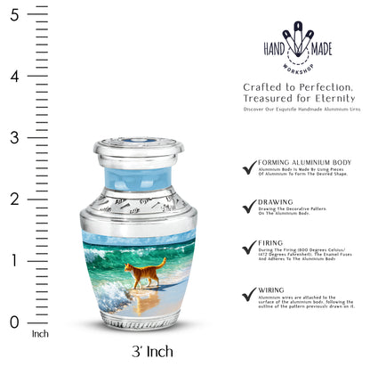 Icy Blue Cat Cremation Urn top-down view of secure threaded lid - modern art-inspired cat motif on sleek aluminum - mini keepsake memorial for portion of cremation ashes