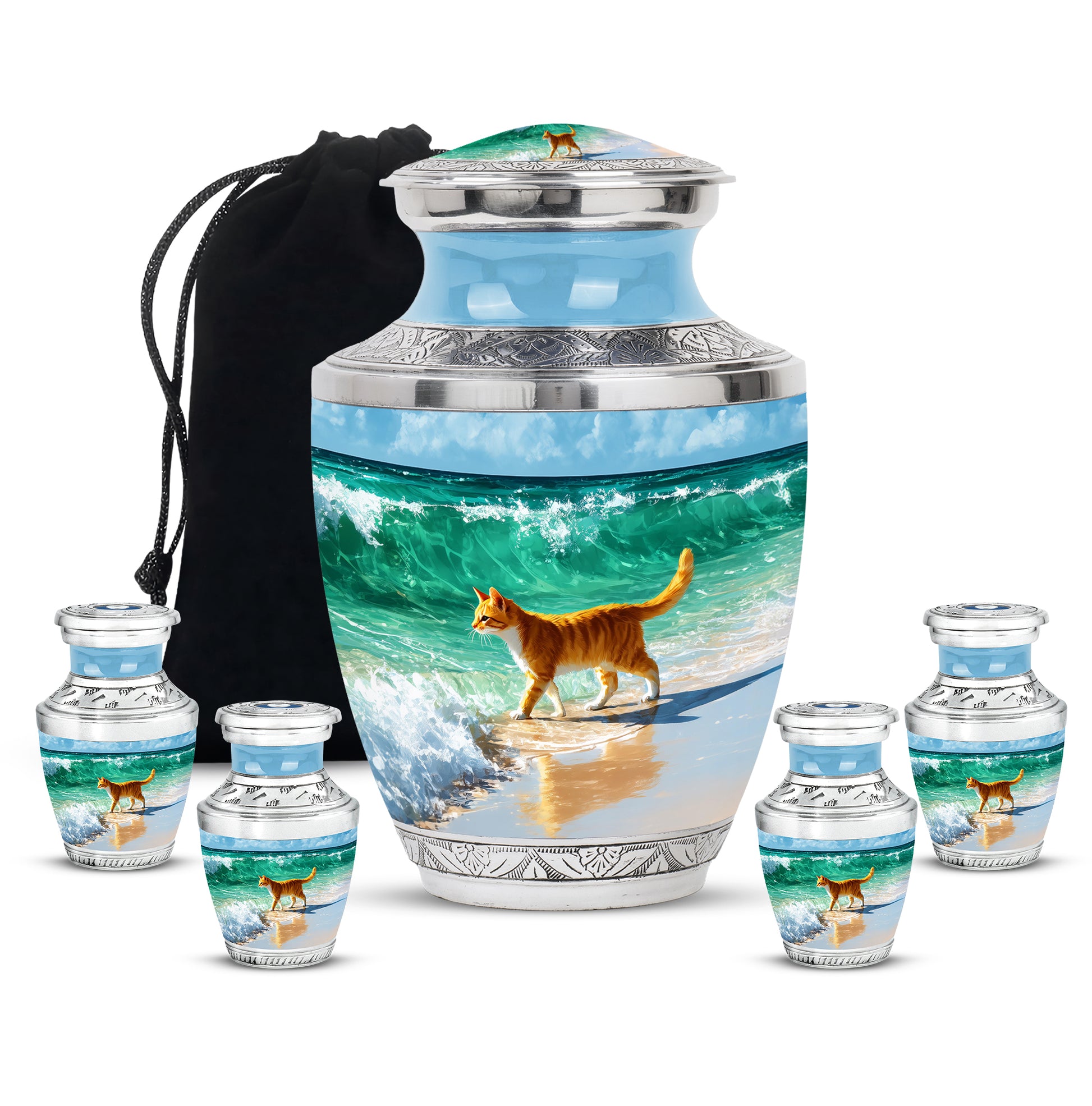 Sky Blue Cat Cremation Urn lifestyle display on memorial shelf - contemporary cat design with modern artistic flair - memorial set with one large and four small urns
