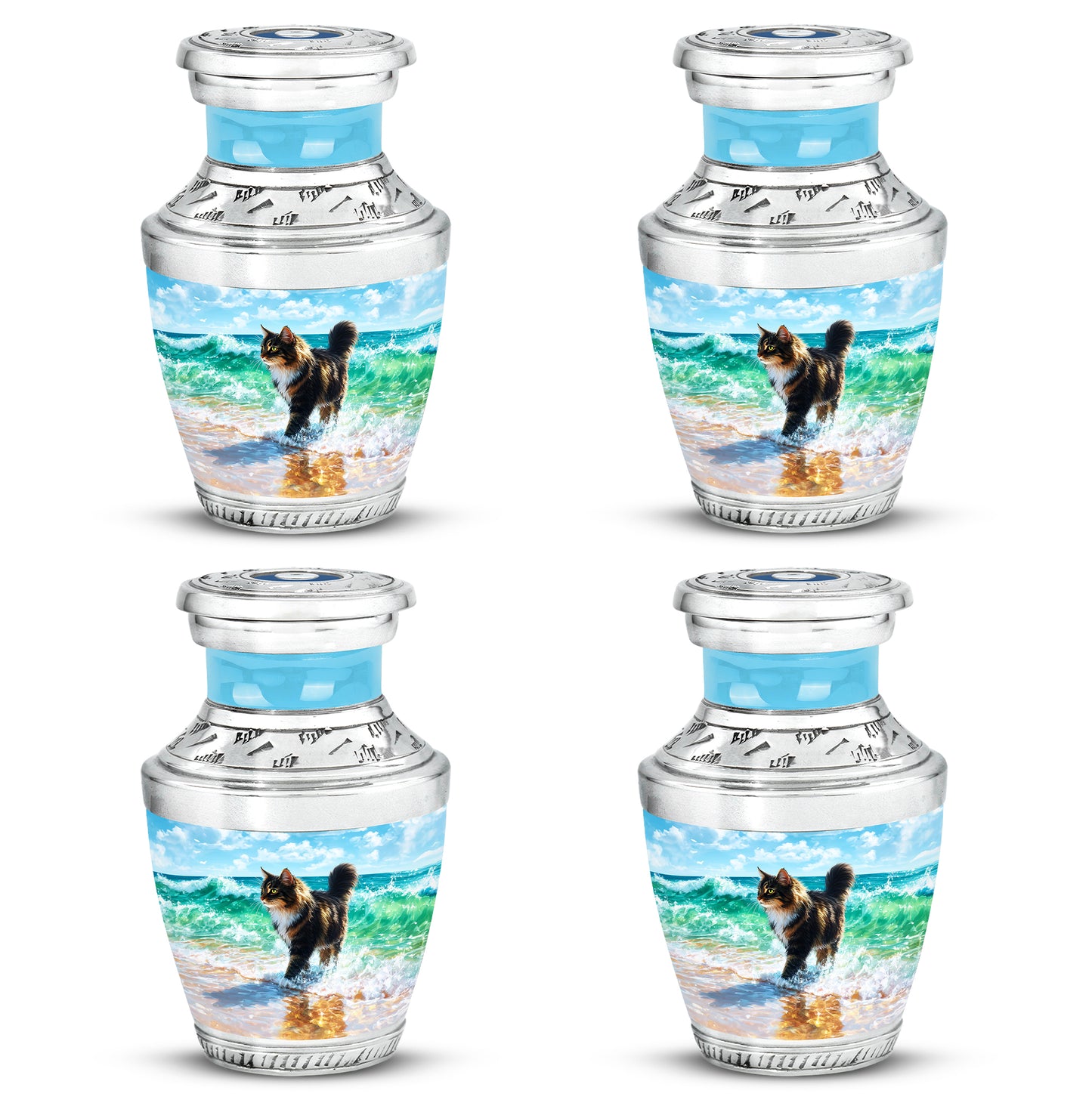 Dusty Blue Cat Cremation Urn back view with polished surface - modern art-inspired cat motif on sleek aluminum - 10 inch aluminum urn for cremated remains