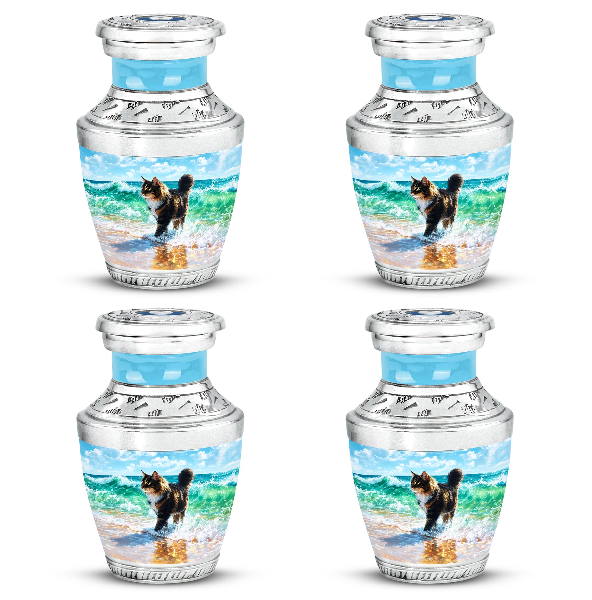 Dusty Blue Cat Cremation Urn back view with polished surface - modern art-inspired cat motif on sleek aluminum - 10 inch aluminum urn for cremated remains