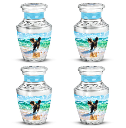 Dusty Blue Cat Cremation Urn back view with polished surface - modern art-inspired cat motif on sleek aluminum - 10 inch aluminum urn for cremated remains