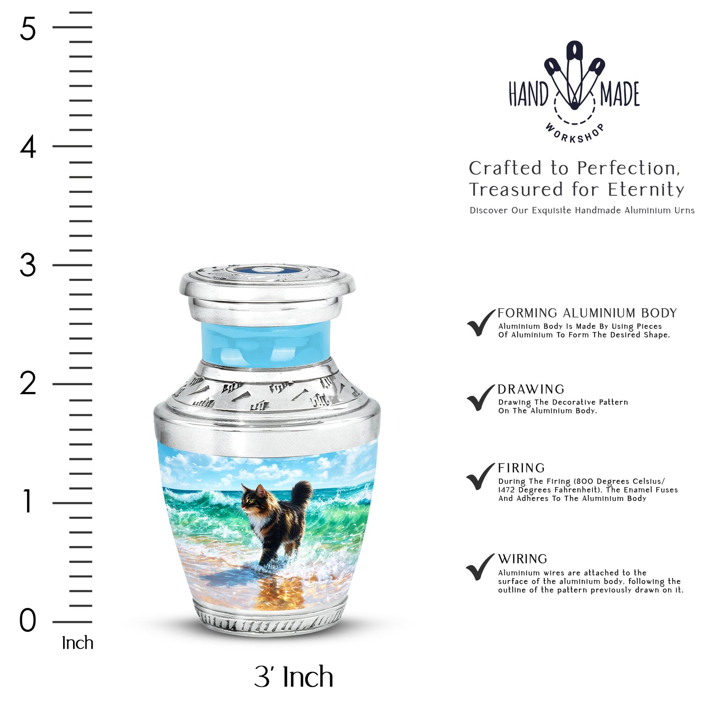 Powder Blue Cat Cremation Urn top-down view of secure threaded lid - contemporary cat design with modern artistic flair - mini keepsake memorial for portion of cremation ashes