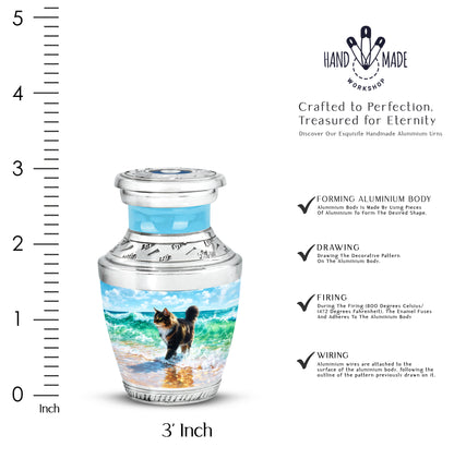 Powder Blue Cat Cremation Urn top-down view of secure threaded lid - contemporary cat design with modern artistic flair - mini keepsake memorial for portion of cremation ashes