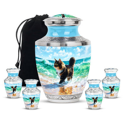 Icy Blue Cat Cremation Urn lifestyle display on memorial shelf - modern art-inspired cat motif on sleek aluminum - memorial set with one large and four small urns