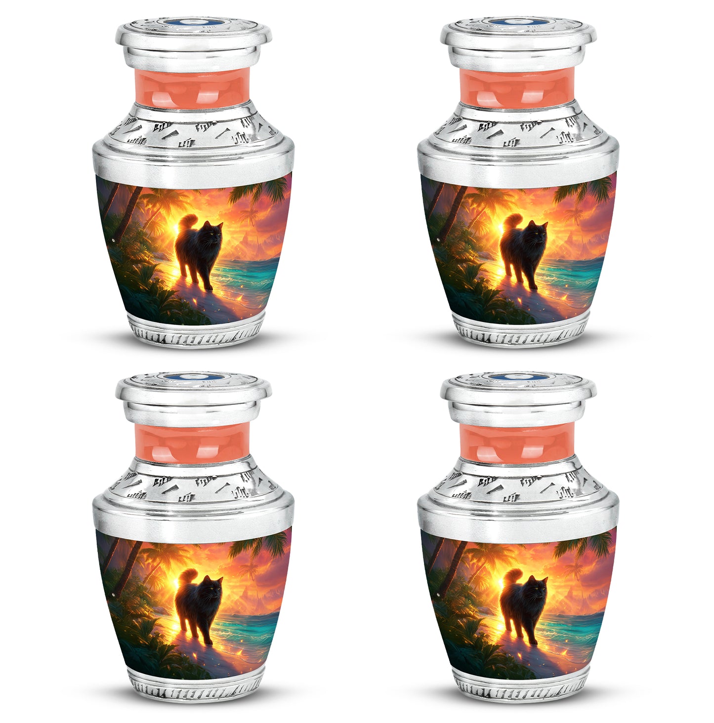Scarlet Red Cat Cremation Urn back view with polished surface - stylized abstract cat pattern with bold lines - 10 inch aluminum urn for cremated remains