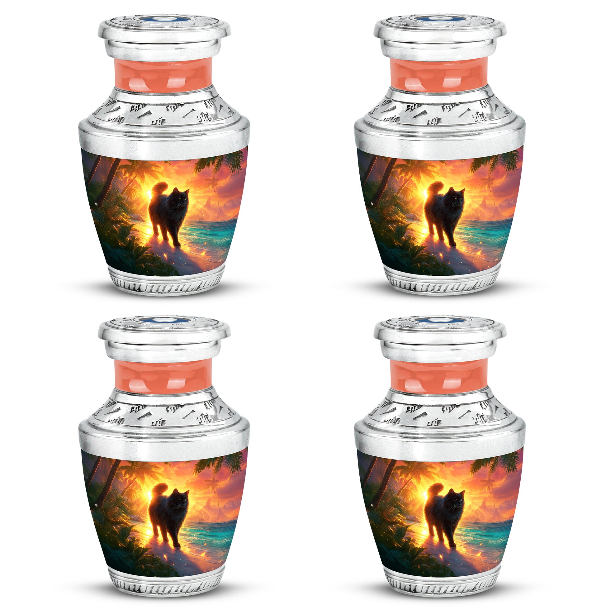 Scarlet Red Cat Cremation Urn back view with polished surface - stylized abstract cat pattern with bold lines - 10 inch aluminum urn for cremated remains