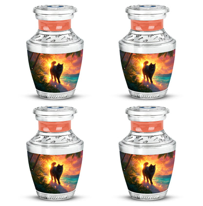 Scarlet Red Cat Cremation Urn back view with polished surface - stylized abstract cat pattern with bold lines - 10 inch aluminum urn for cremated remains
