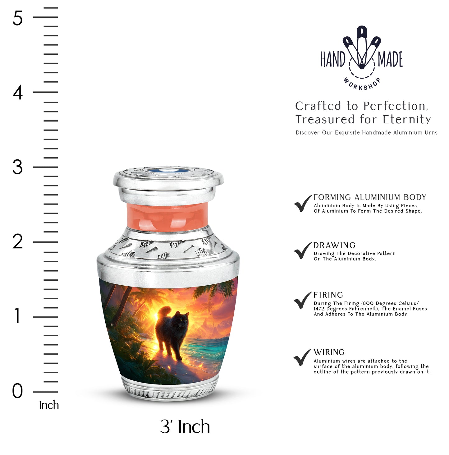 Fiery Red Cat Cremation Urn top-down view of secure threaded lid - stylized abstract cat pattern with bold lines - mini keepsake memorial for portion of cremation ashes