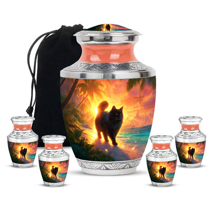 Fiery Red Cat Cremation Urn lifestyle display on memorial shelf - artistic cat interpretation with creative detail - memorial set with one large and four small urns