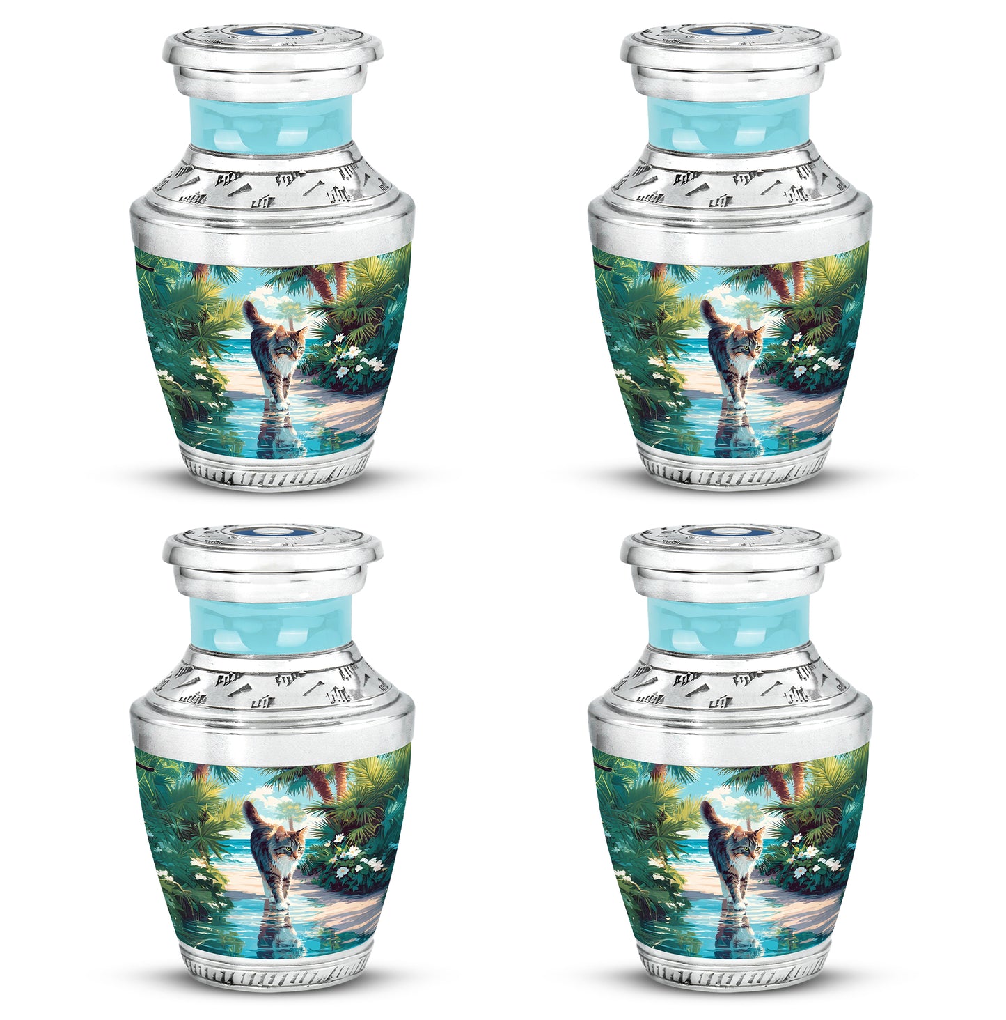 Ocean Teal Cat Cremation Urn back view with polished surface - contemporary cat design with modern artistic flair - 10 inch aluminum urn for cremated remains