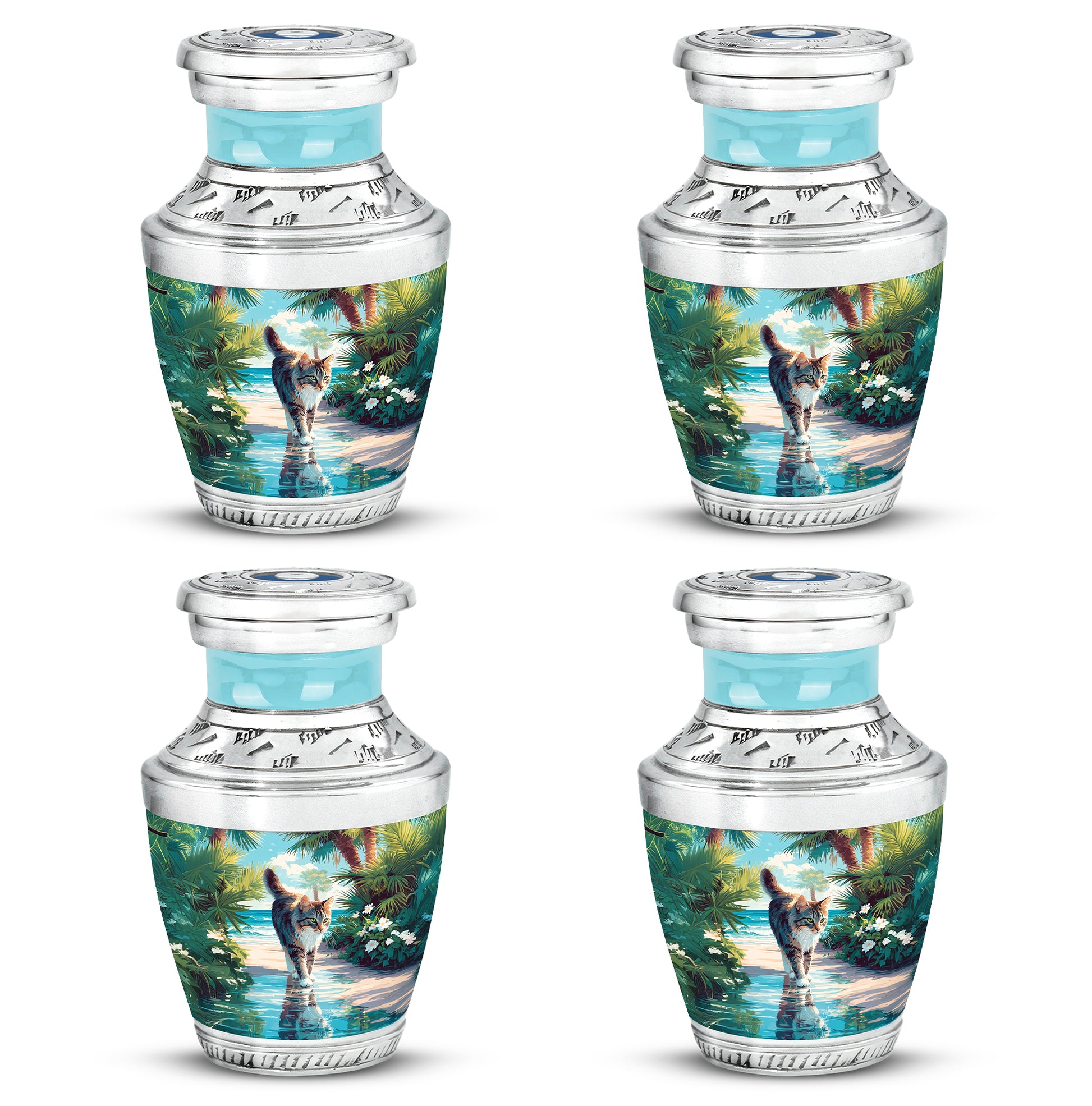 Ocean Teal Cat Cremation Urn back view with polished surface - contemporary cat design with modern artistic flair - 10 inch aluminum urn for cremated remains