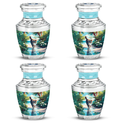 Ocean Teal Cat Cremation Urn back view with polished surface - contemporary cat design with modern artistic flair - 10 inch aluminum urn for cremated remains