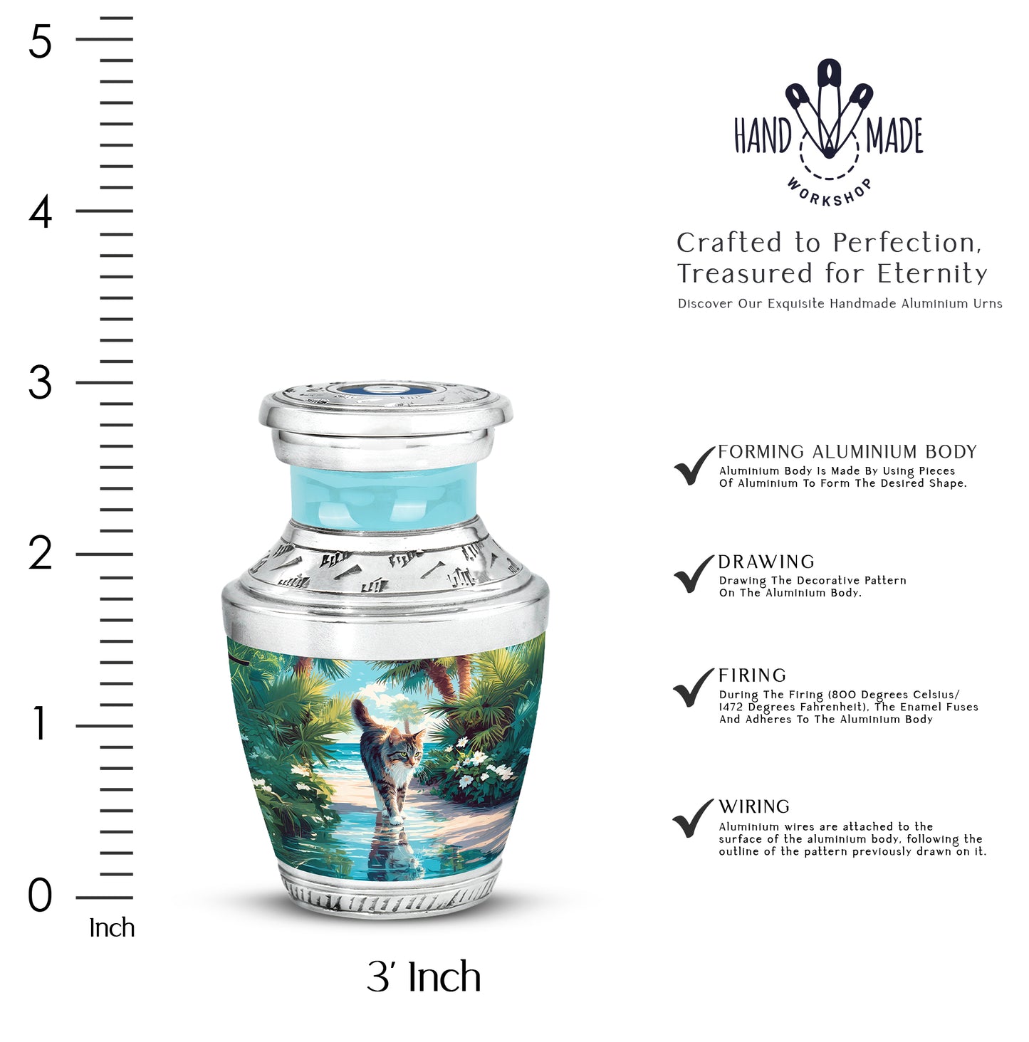 Tropical Teal Cat Cremation Urn top-down view of secure threaded lid - artistic cat interpretation with creative detail - mini keepsake memorial for portion of cremation ashes