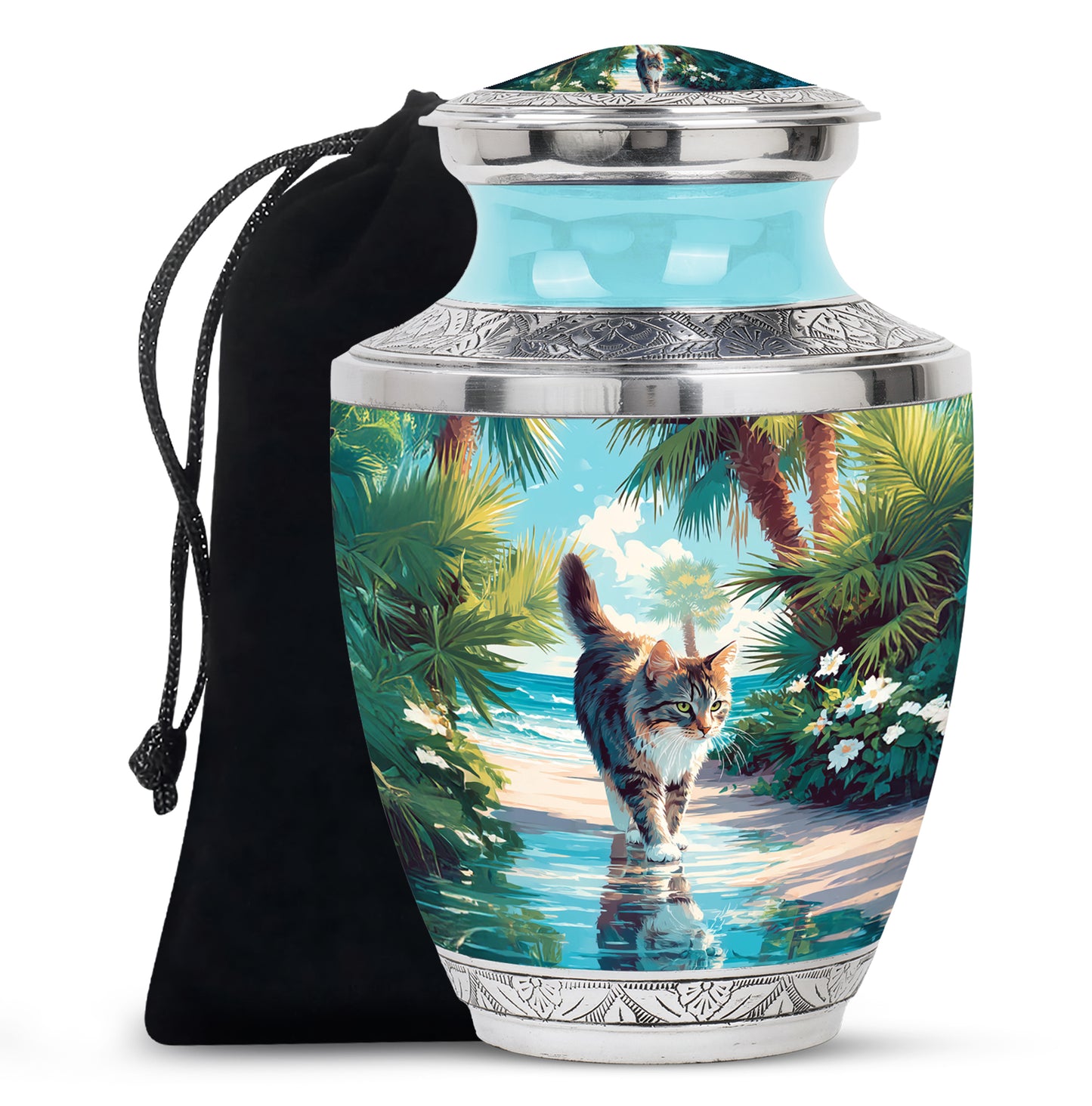 Soft Teal Cat Cremation Urn side profile showing urn shape - modern art-inspired cat motif on sleek aluminum - full-size 10 inch 200 cubic inch adult cremation urn